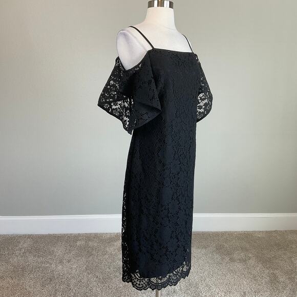 Black Lace Cut Out Cocktail Dress Size 6 LAUNDRY Cold Shoulder Midi Sheath - Picture 2 of 11